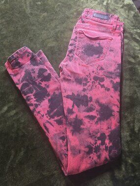 Kill City Red Black Tie Dye Skinny Jeans Y2K Grunge Punk Goth Low Rise Acid Wash
